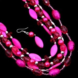 3Layer Fuchsia Mural Bead Necklace Set